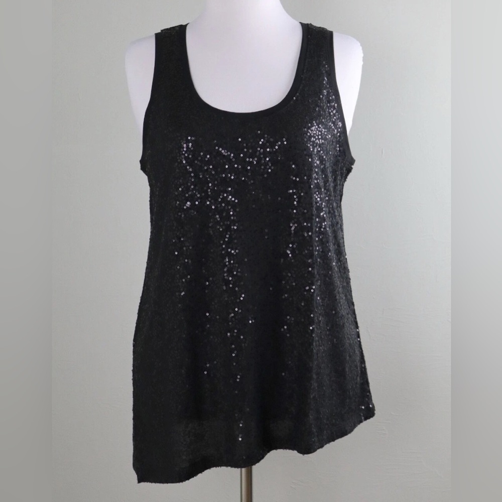 Eileen Fisher Black Sequin 100% Silk Flowy TankTop Womens Size PL